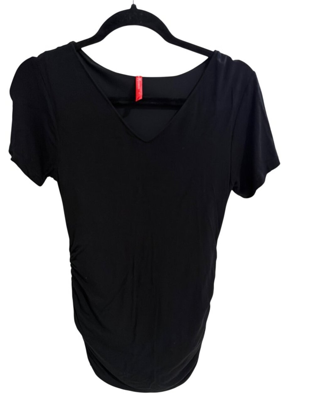 Ruby Ribbon Black Short Sleeve V-Neck Ruched Tunic Top L